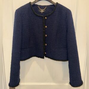 J. Crew Louisa Lady Jacket in Maritime Tweed Navy w/Black Trim & Gold Buttons 14